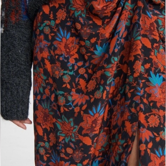 Rag & Bone Amber Midi Skirt Black Bright Floral 2 Slit Wrap Waist Detail Lined - Picture 2 of 15